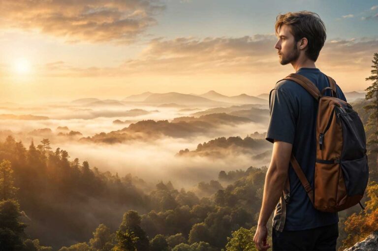 Man looking out over a beautiful forest