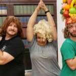My crazy theatre friends dressed in wigs and a Carmen Loco fruit hat