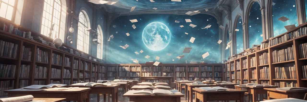 Classroom with papers and moon
